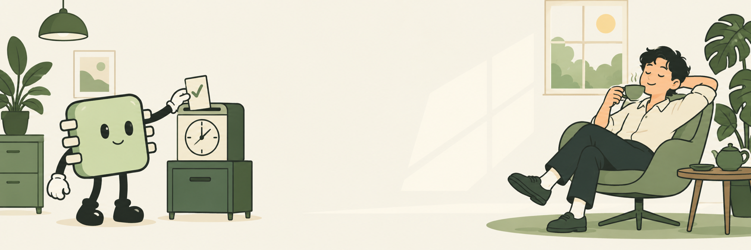 A tiny green chip clocks in while a relaxed human enjoys a cup of tea